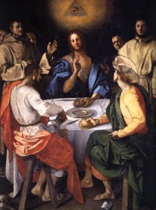 Cena in Emmaus by Jacopo da Pontormo, painted in 1525 shows the use of the all seeing eye surrounded by a triangle representing the trinity.